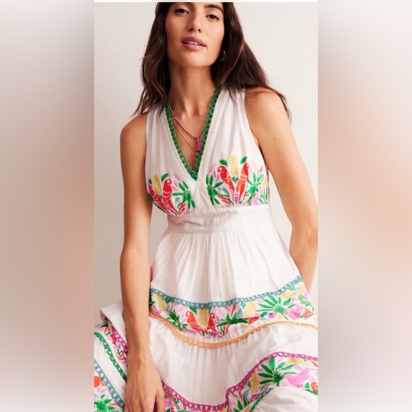 BODEN SERENA COTTON TIE FULL CIRCLE MAXI DRESS MULTI TROPICAL LOVE BIRDS PARROTS - Picture 10 of 13